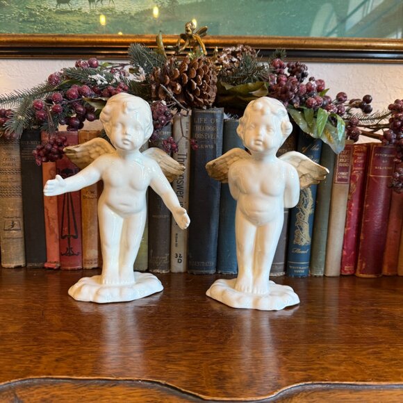 2 Vintage Angel Babies standing on clouds with Gold Tip Wings - Picture 7 of 14
